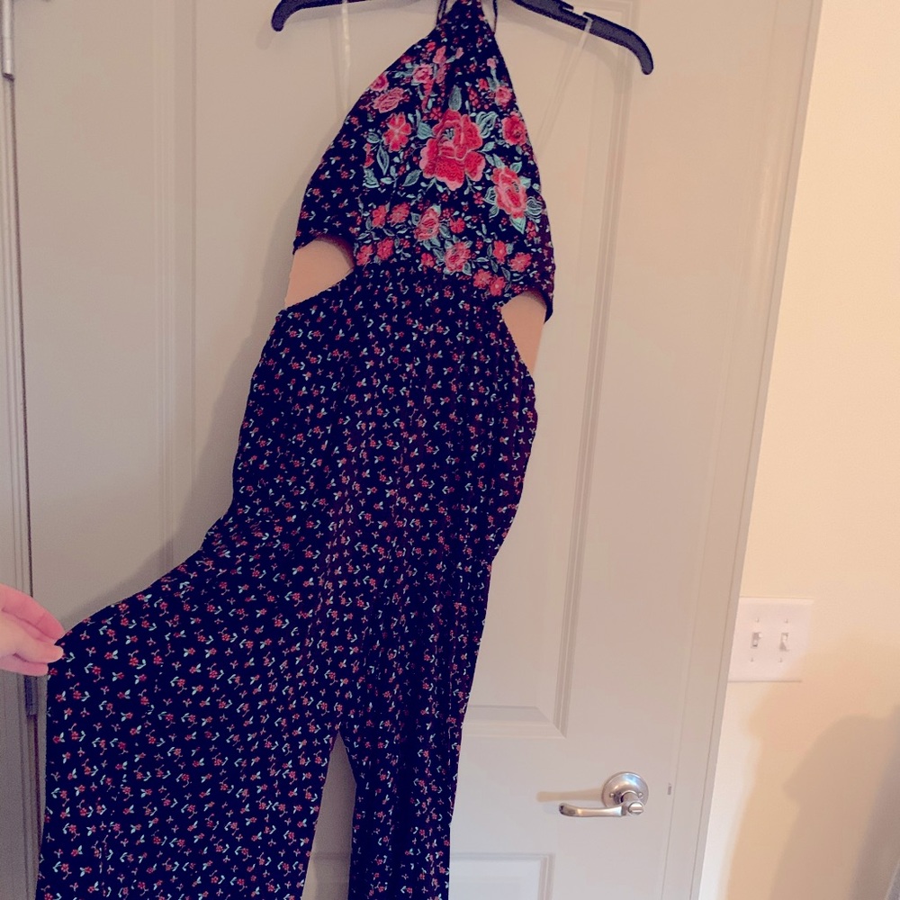 Black/floral halter jumpsuit NWT